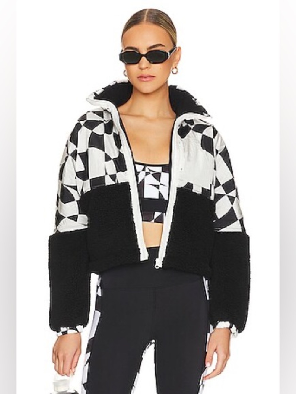 Beach Riot Revolve Lily Jacket Black & White Geo-Print Sherpa Puffer Zip-Up Coat